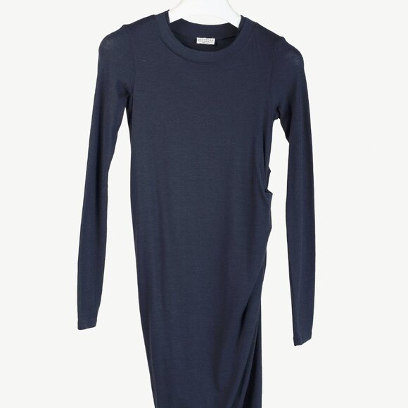 Brunello Cucinelli Navy Wool Ruched Long-Sleeve Bubble Hem Knit Dress